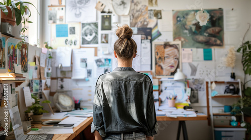 A woman is standing in front of a desk filled with various pictures, likely a vision board in an entrepreneurs workspace. Concept of artist, designer, creator. Copy space.