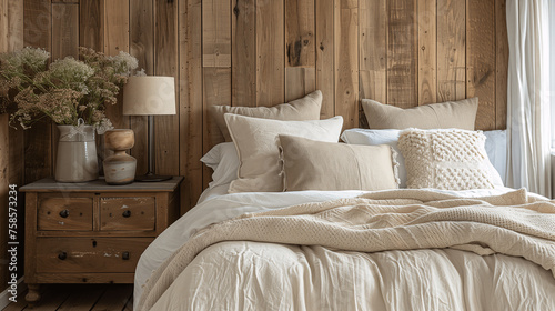 Cozy Rustic Bedroom Interior with Wooden Wall and Textured Bedding