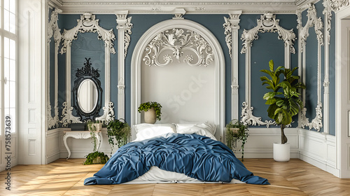 Majestic Bedroom with Royal Blue Bedding, Elegant Furniture, and Golden Accents, Offering a Luxurious Retreat into Comfort and Style