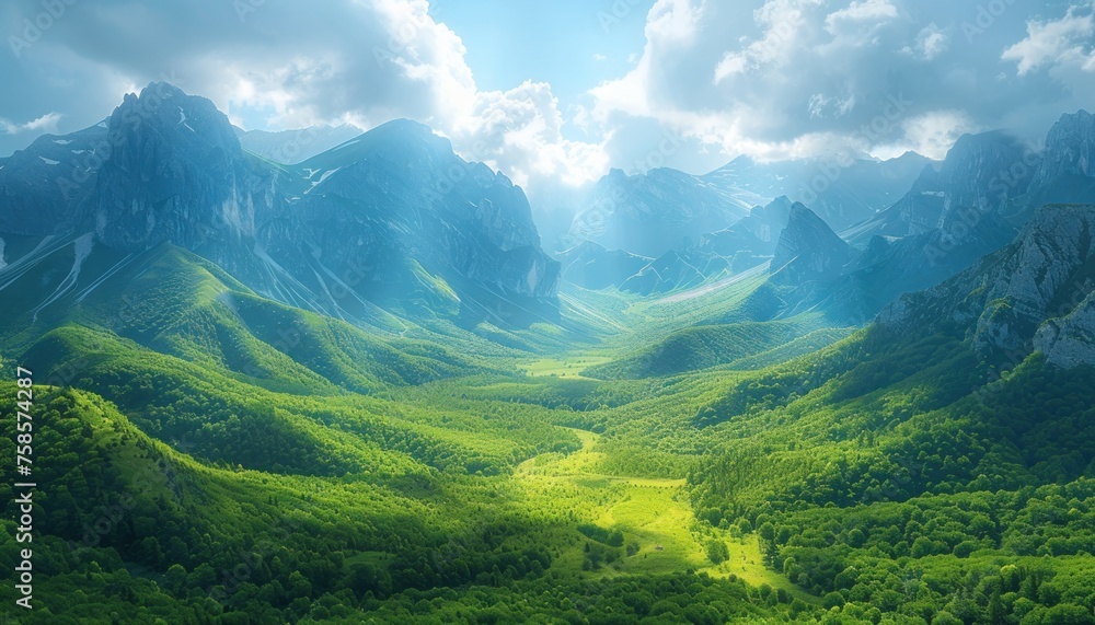 Summer Mountain Landscape With Green Meadow and Cloudy Blue Sky Wallpaper