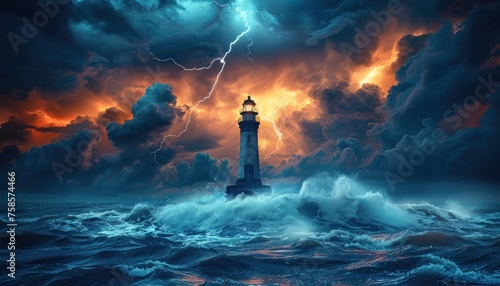 lighthouse with thunder and lightning striking the sea surface, cosmic art wallpaper