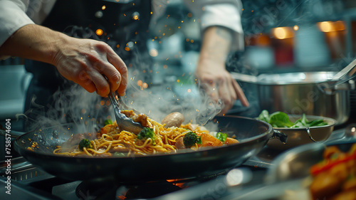 close up of chef making delicious food in the restaurant kitchen, chef cooking in the kitchen, delicios foods in kitchen