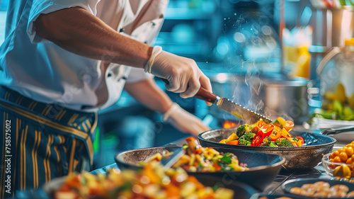 close up of chef making delicious food in the restaurant kitchen, chef cooking in the kitchen, delicios foods in kitchen