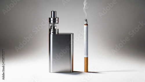 A vape and a lit cigarette side by side