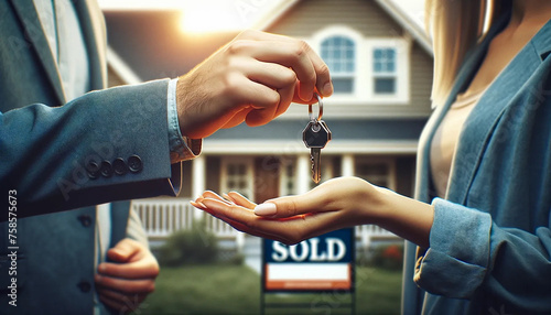 A realtor's hand is handing over keys of a recently sold new home house to a woman photo