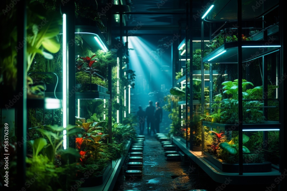 Close-up of intricate machinery in vertical farm amid lush greenery and intense light