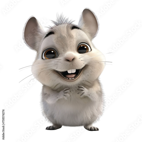angled view of a 3d cartoon illustration of cute Chinchilla smiling excitedly isolated on a white background  © SuperPixel Inc