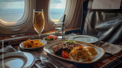 Plane interior with food and champagne in the plane, Generative AI illustrations.