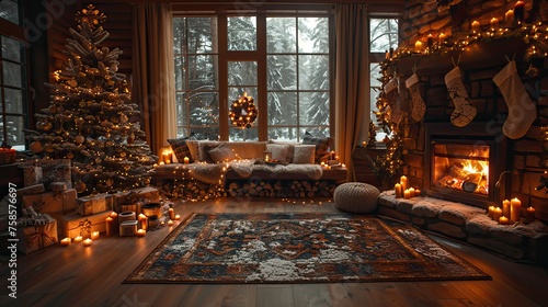 Cosy living room with fireplace, christmas tree, snow , candles, led light and christmas statue