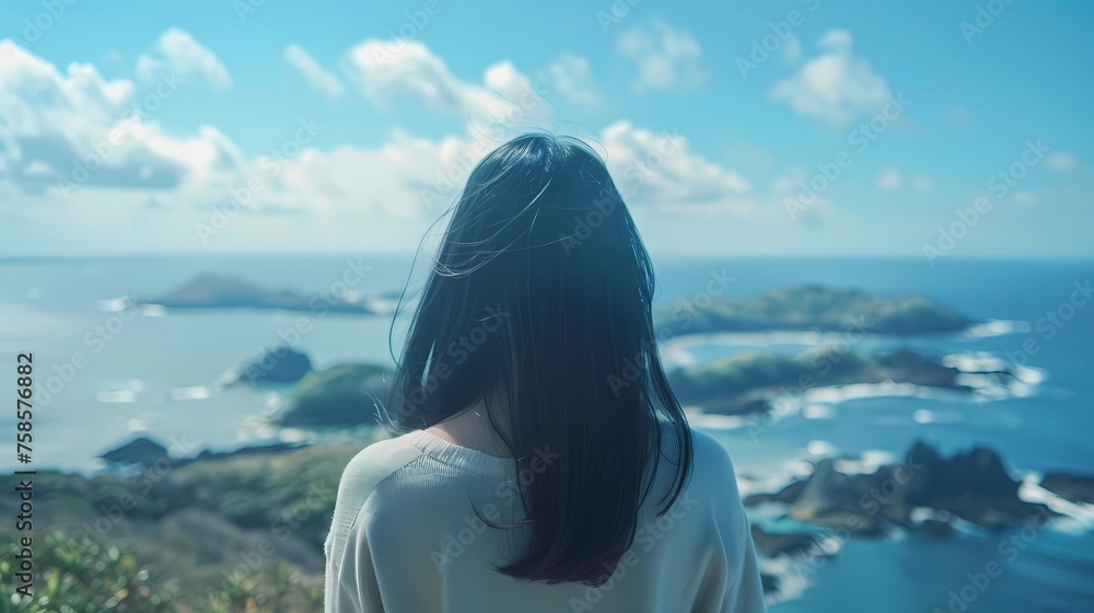 Beautiful asian woman with long black hair looking at the sea and mountain at sunset, Generative AI illustrations.