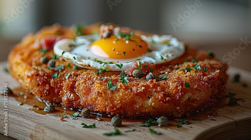 German Schnitzel Holstein: Schnitzel topped with a fried egg, anchovies, and capers 