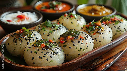 Indian Idli: Steamed rice cakes made from fermented rice and lentil batter, usually served with sambar and coconut chutney 