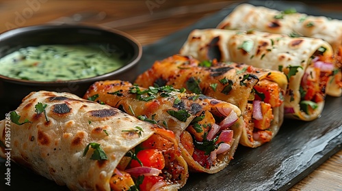 Indian Kathi Roll: Grilled kebabs or vegetables wrapped in a paratha (Indian flatbread), served with chutney 