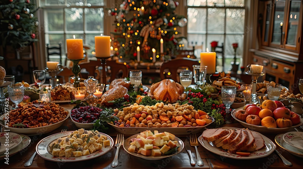 Cozy and happy Thanksgiving dinner in American family