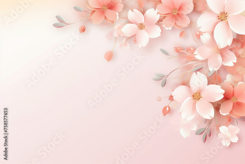 Spring flowers on a pastel background, delicate peach, beige colors. Design for a banner, cover, decoration, poster. Copy space.