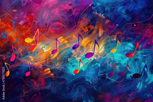 An abstract representation of sound waves or music notes, expressed through vibrant colors and dynamic shapes photo