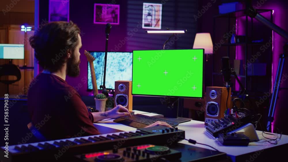 Music producer learning to use mixing console and soundboard, using online tutorial lesson on greenscreen. Artist learns to edit songs and add audio effects, mixing and mastering tracks. Camera B. Music producer learning to use mixing console and soundboard, using online tutorial lesson on greenscreen. Artist learns to edit songs and add audio effects, mixing and mastering tracks. Camera B.