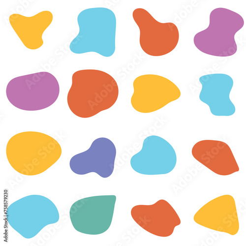  Organic amoeba blob shape abstract colorful vector illustration isolated on white background. Set of irregular round blot form graphic element. doodle drops collection. Contemporary banner