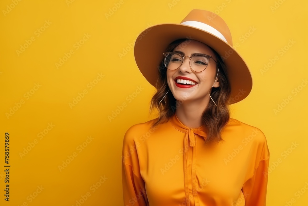 Portrait of a beautiful young woman in hat and glasses over yellow background Portrait of a beautiful young woman in hat and glasses over yellow background