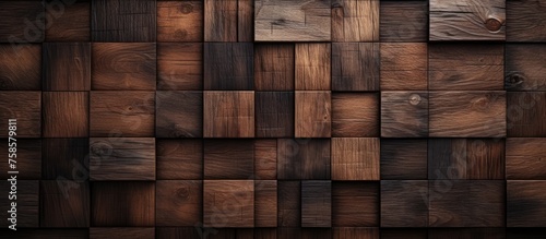 A closeup of a brown wooden wall constructed with rectangular squares resembling brickwork. The hardwood building material adds texture to the floor © AkuAku