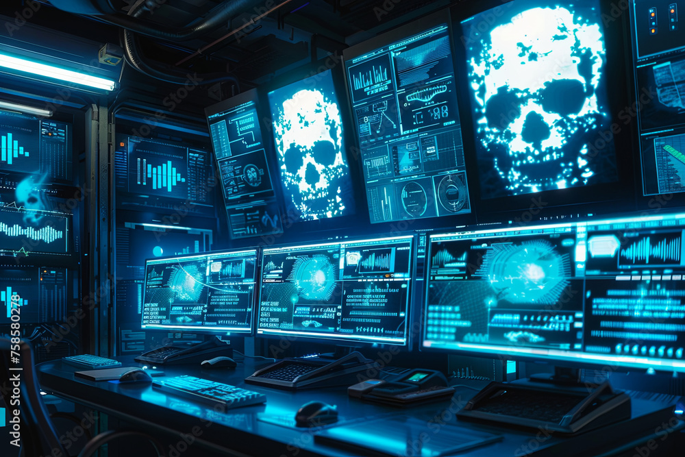 A control center with multiple screens displaying a skull icon, hacked by a hacker A control center with multiple screens displaying a skull icon, hacked by a hacker