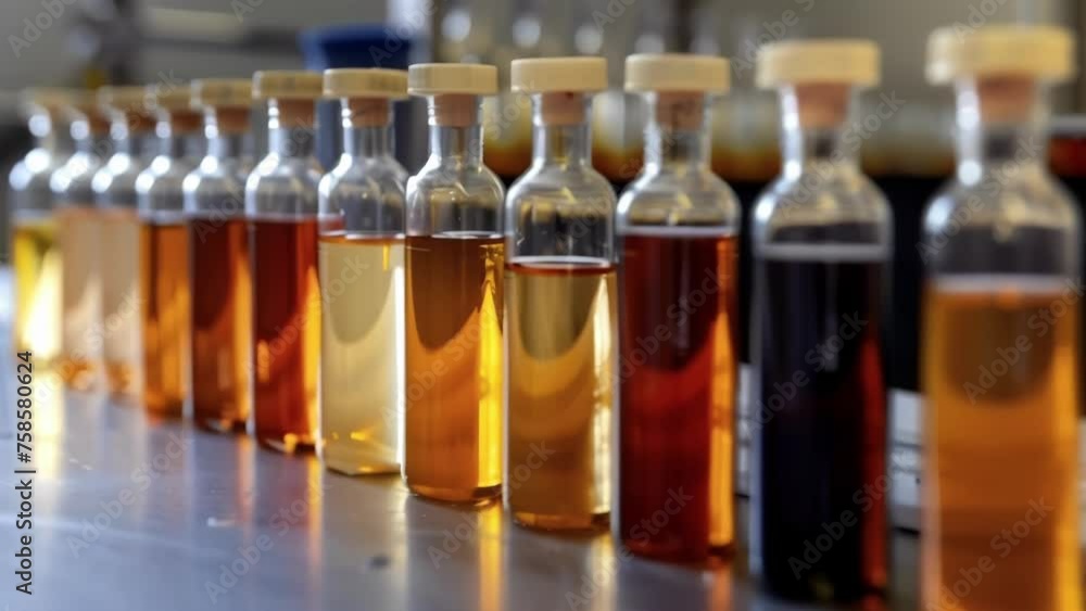 A series of small glass vials labeled Biofuel Samples sit on a laboratory bench each containing a slightly different shade of liquid inside. These samples are the result of A series of small glass vials labeled Biofuel Samples sit on a laboratory bench each containing a slightly different shade of liquid inside. These samples are the result of