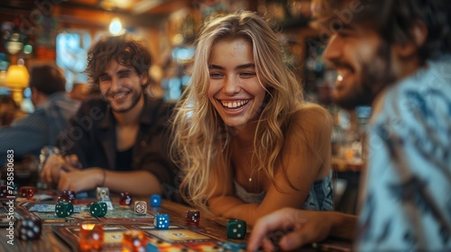 Happy group sharing fun at table playing indoor game