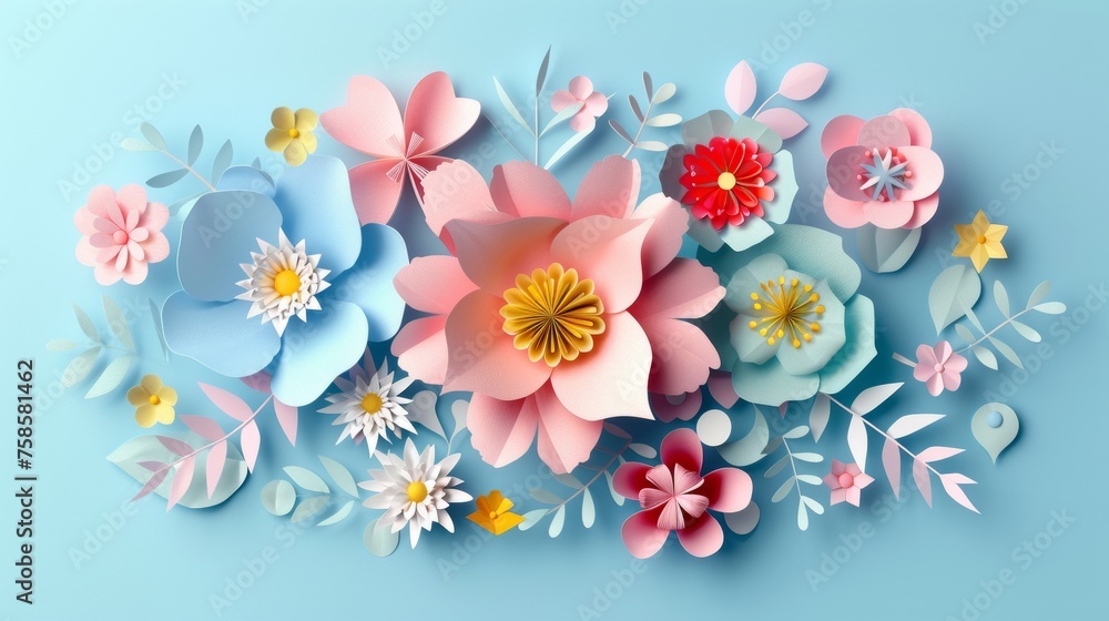 Illustration for newsletters, brochures, postcards, tickets, advertisements, banners. Women's Day postcard with paper flowers.