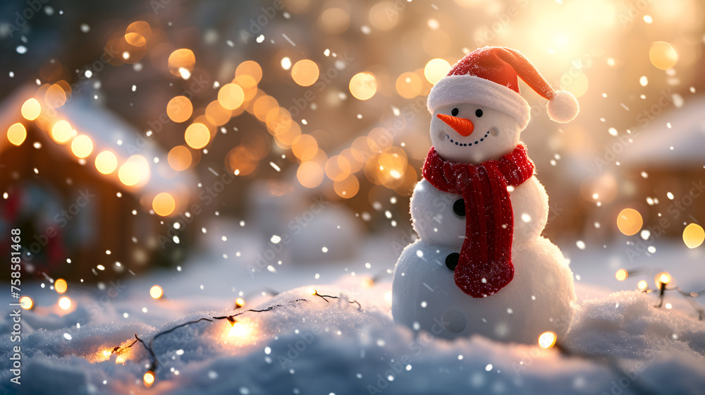 Smiling happy snowman in winter scenery and Christmas background.  generative ai