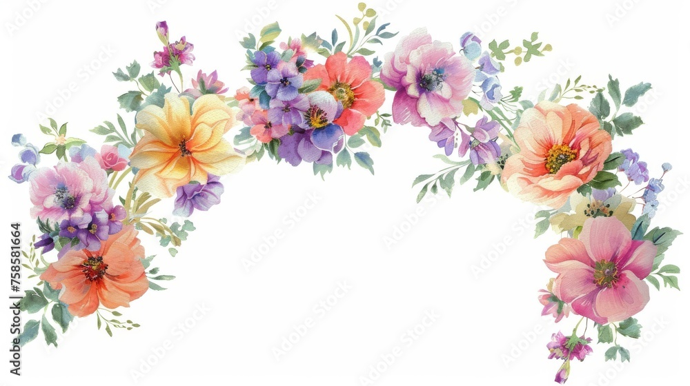 An arrangement of flowers in watercolor style on a white background