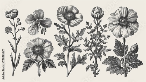A vintage set of flowers in black and white. An engraving-style illustration.