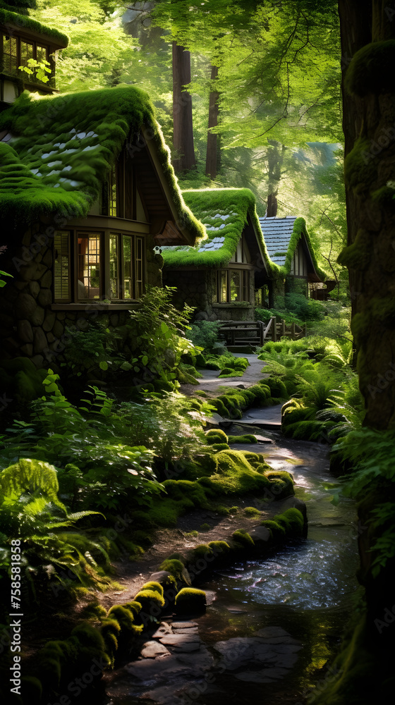 Idyllic Forest Hideaway: Wooden Dwellings Nestled in the Majestic Serenity of Untouched Wilderness