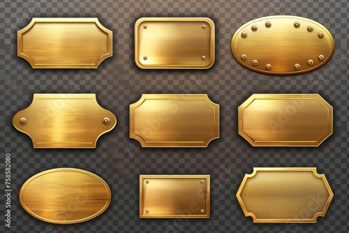 Plates in gold or brass, personalized name plaques crafted from metal, round, oval, rectangular frame for nameplate, realistic 3D modern illustration. photo