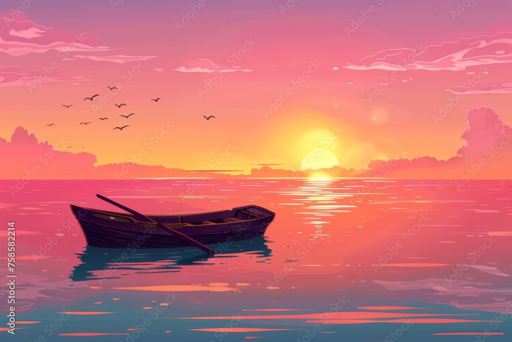 Early morning sunrise seascape of wooden boat on calm water with birds flying in pink sky. Nature background with skiff floating on calm water, cartoon modern illustration.