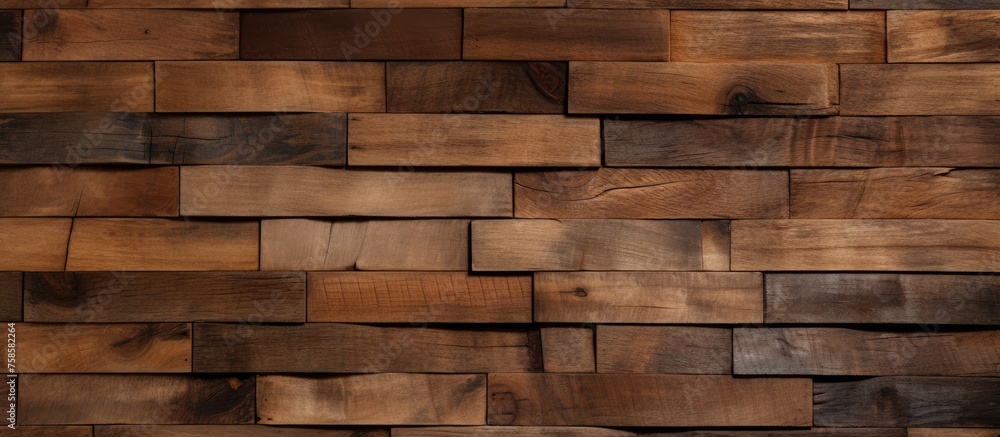 A closeup photo showcasing a brown rectangular wooden wall made of wooden blocks. The wood stain enhances the hardwood pattern, making it a durable building material for brickwork or flooring A closeup photo showcasing a brown rectangular wooden wall made of wooden blocks. The wood stain enhances the hardwood pattern, making it a durable building material for brickwork or flooring