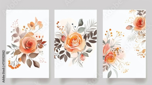 Wedding ornament concept. Modern decorative greeting card or invitation design background with roses and leaves.