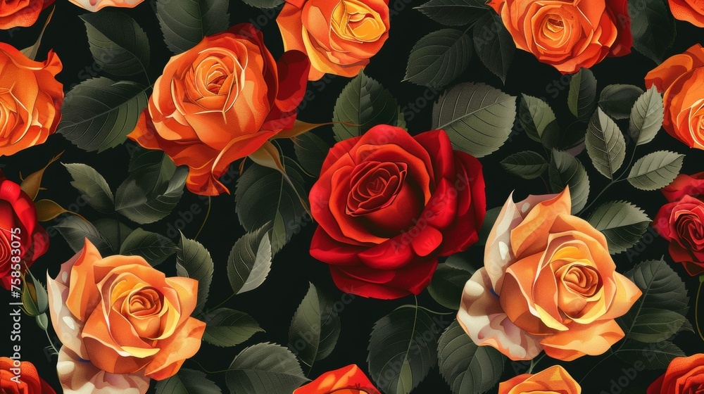 Modern illustration of flowers in the colors of red and orange. Seamless floral pattern with red and orange roses on a black background. Modern illustration of flowers in the colors of red and orange. Seamless floral pattern with red and orange roses on a black background.