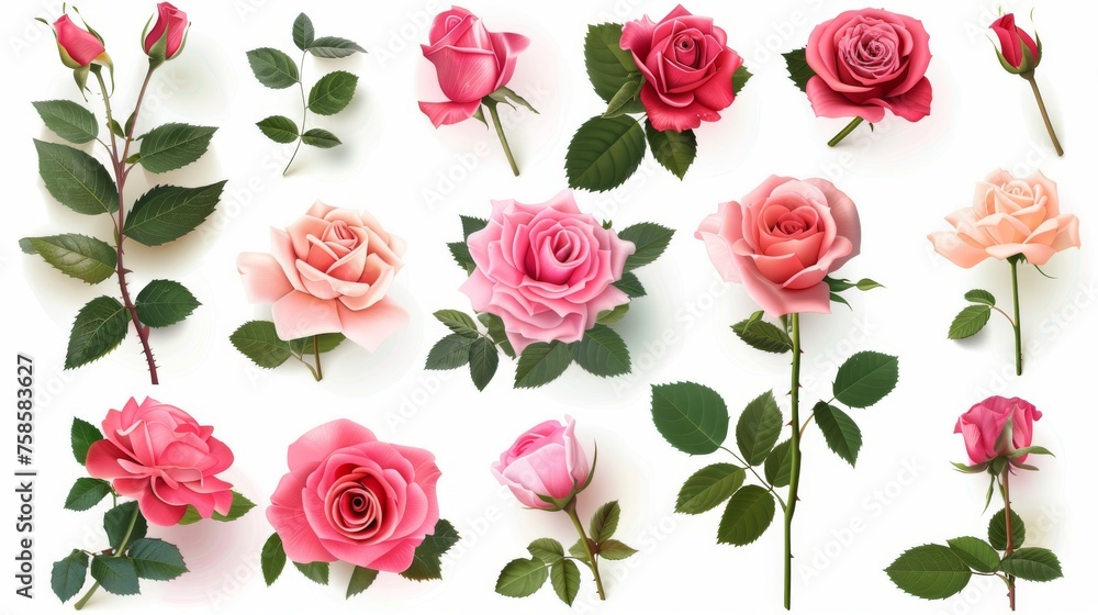 For design use, a mega collection of realistic rose flowers on white in modern format For design use, a mega collection of realistic rose flowers on white in modern format