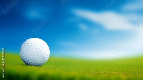 Close-up of a golf ball on a tee, with a meticulously groomed fairway stretching out behind, awaiting the days first drive