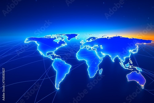 Close-up of a world map, major cities connected by digital lines symbolizing global trade and commerce