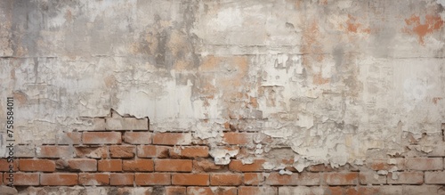 A detailed close up of a beige brick wall with peeling paint, showcasing the intricate brickwork and texture of the building material photo