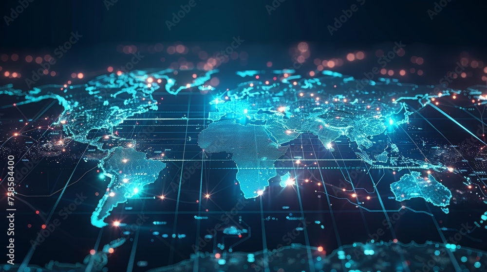 Fototapeta premium An interactive world map displaying real-time financial transactions and digital globalization