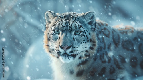 Snow Leopard Portrait  Intense Gaze Pierces Through the Serene  Snow-Covered Habitat  Creating a Captivating Visual Symphony of Wilderness