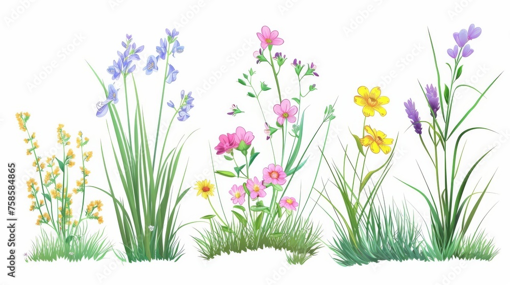 Set of grass and flowers, modern illustration Set of grass and flowers, modern illustration