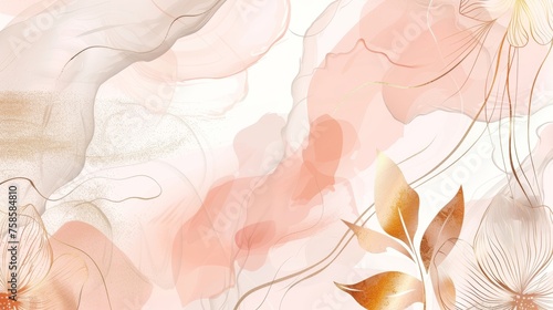 A minimalistic style wallpaper with golden line art flowers and botanical leaves, organic shapes, and watercolor. Modern background for banners, posters, Web and packaging.