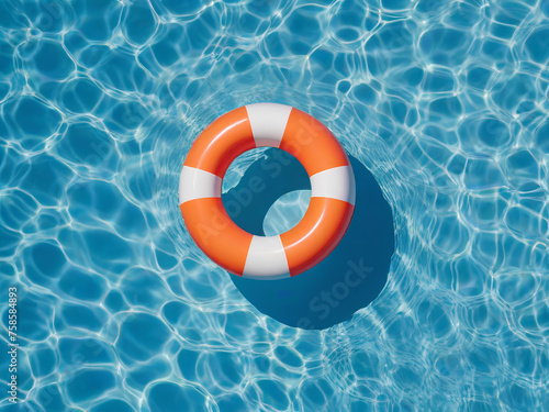 Top view of an inflatable ring floater buoy inside a swimming pool. Summer, spring, vacation poolside. (ID: 758584893)
