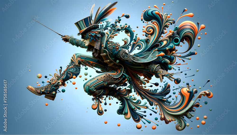 Obraz premium a digital artwork that combines elements of Fairypunk, Commedia dell'Arte, and the artistic style of Koloman Moser with the dynamic qualities of Ferrofluid art, as interpreted by photographer Tim Flac