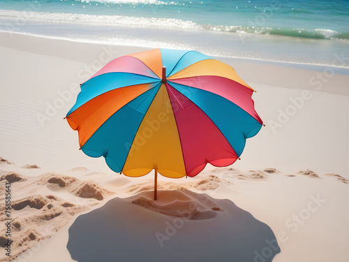Colorful and Vibrant Umbrella on White Sand Beach. Tropical Umbrella on White Sand Beach (ID: 758585643)