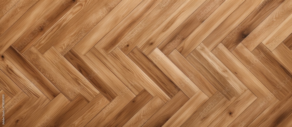 A close up of a hardwood floor in a herringbone pattern, showcasing the warm brown hues of the wood stain and varnish. The beige planks create a visually appealing design A close up of a hardwood floor in a herringbone pattern, showcasing the warm brown hues of the wood stain and varnish. The beige planks create a visually appealing design