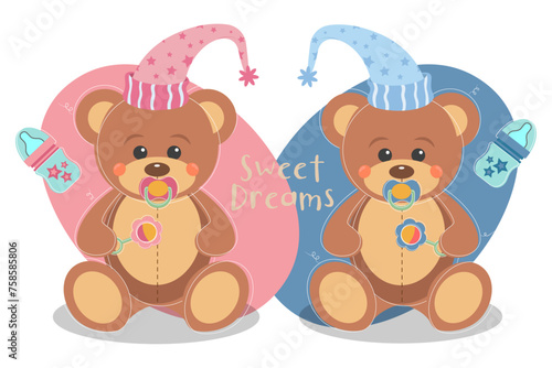 Little vector Teddy Bears with pacifier and rattle on blue and pink background 